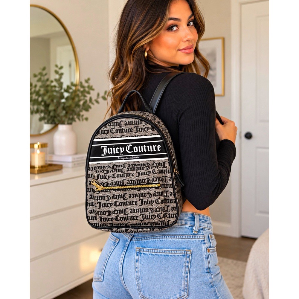 Juicy Couture Mini Backpack Logo Monogram Black/Gray Zip Adjustable Strap